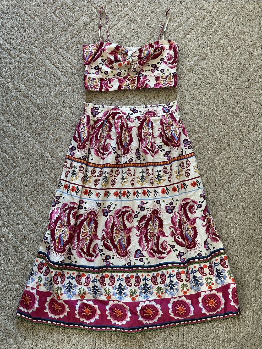 Caroline Constas Linen Blend Paisley Crop Top & Skirt Set